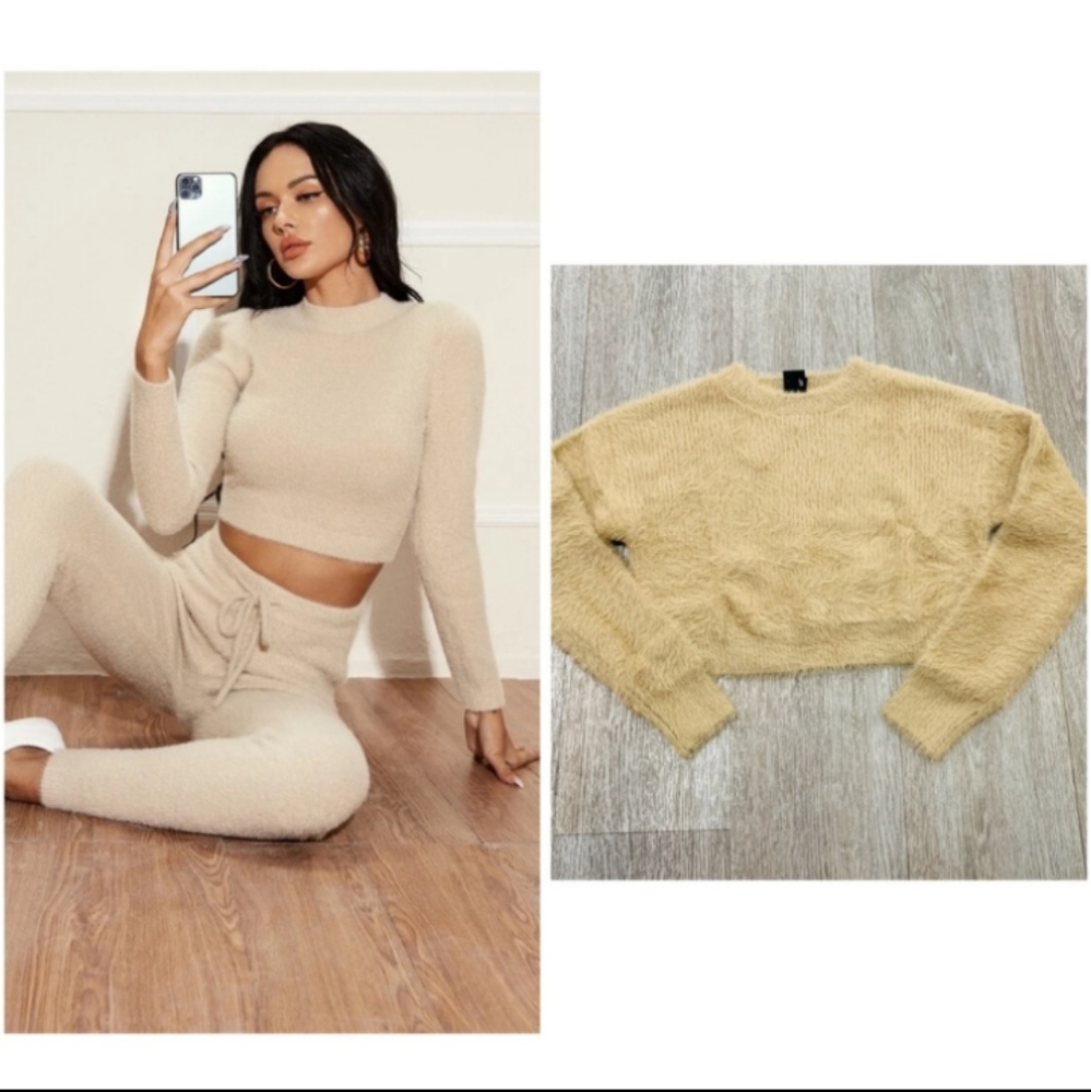 New! Soft Fuzzy Comfy Tan Comfy Cropped Long Sleeve Sweater - Picture 5 of 5